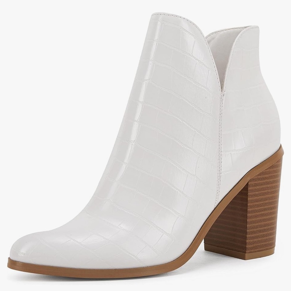 Amazon White V-cut Snakeskin Chunky Heel Ankle Boots
